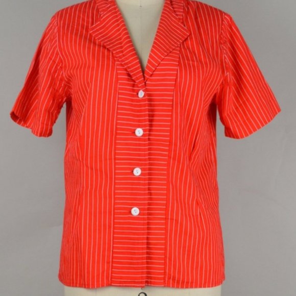 Vintage 1980s Red & White Striped Short Sleeve Button Down Shirt Small Medium - Picture 4 of 5